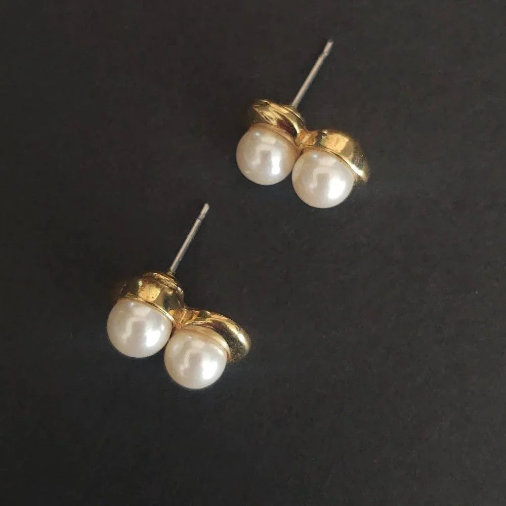 Trifari double faux pearl and gold earrings